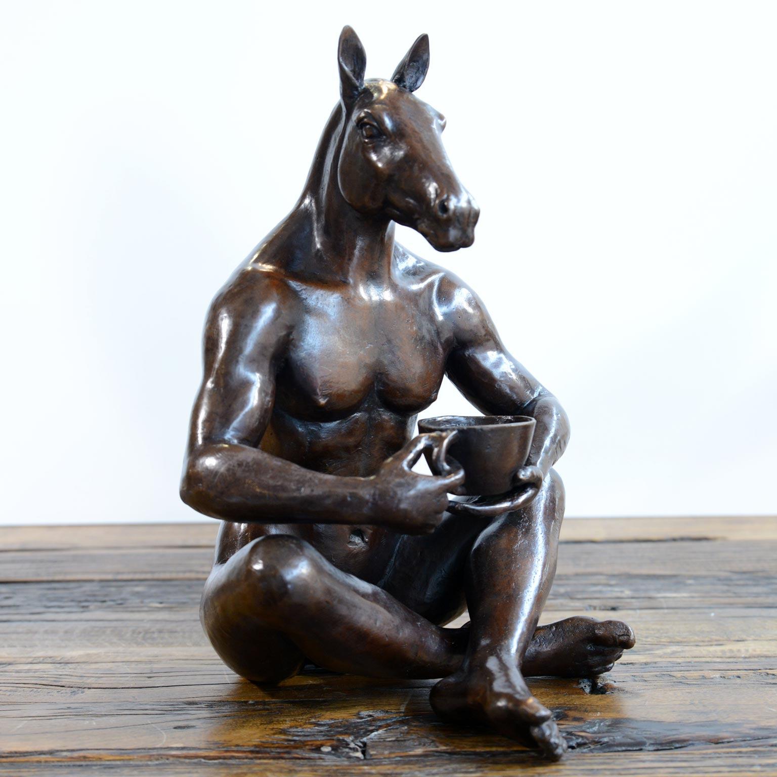 Gillie and Marc Schattner Figurative Sculpture - Bronze Animal Sculpture - Art - Gillie and Marc - Horseman - Nude - Coffee