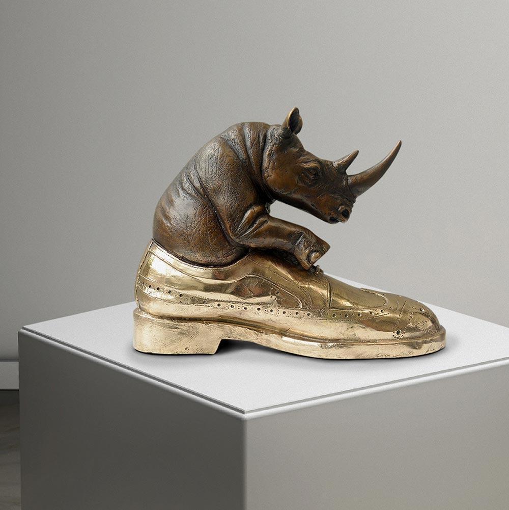 Gillie and Marc Schattner Figurative Sculpture -  Authentic Bronze Walk With Rhino with Gold Patina by Gillie and Marc