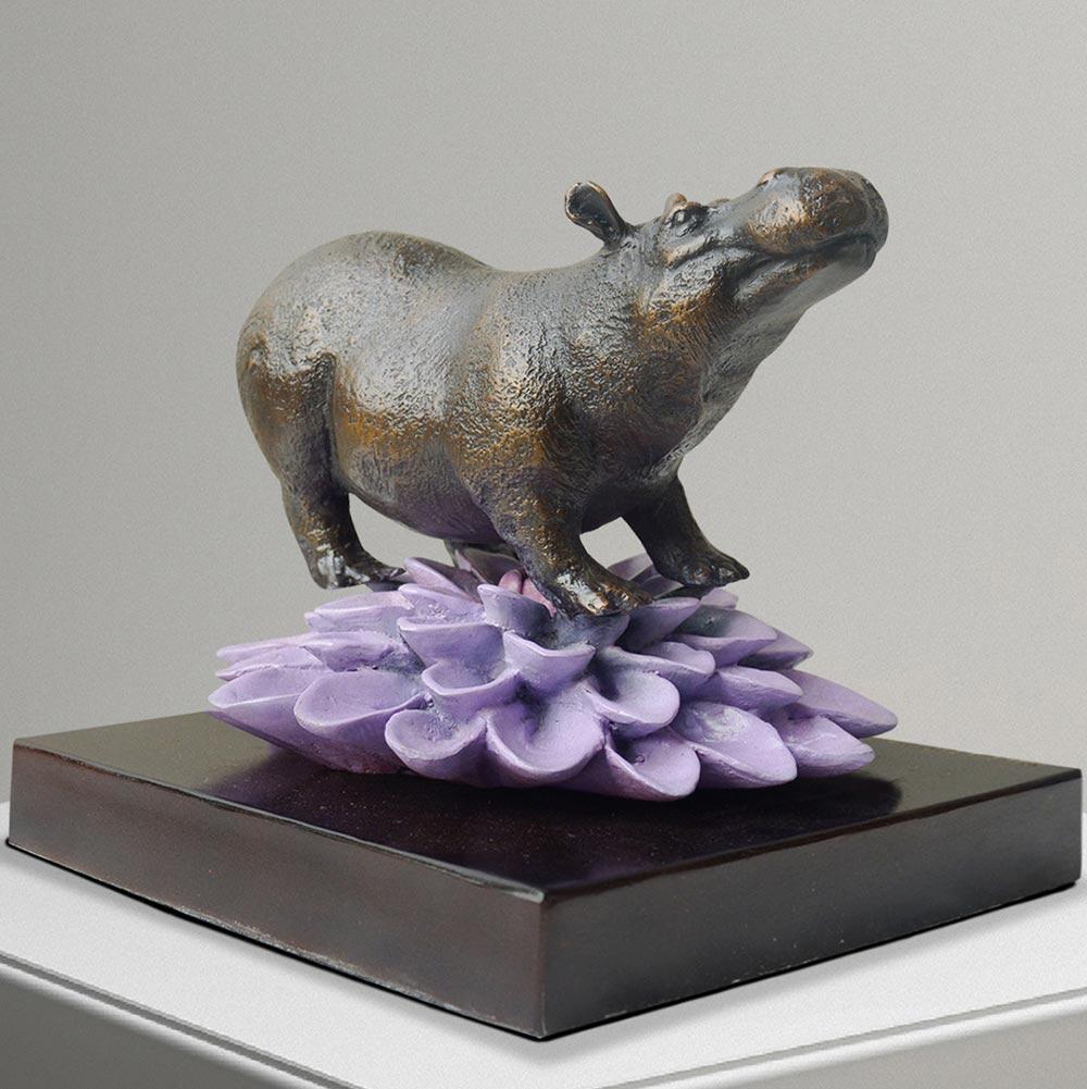 Authentic Bronze The hippo was in bloom with purple patina by Gillie and Marc For Sale 2