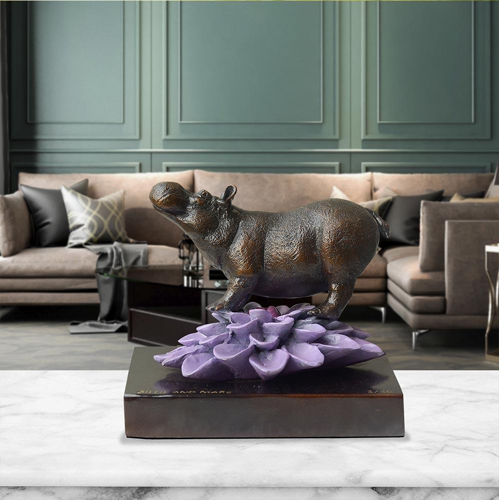 Bronze Sculpture - Art - Gillie and Marc - Pop Art - Love - Hippo  Purple Flower