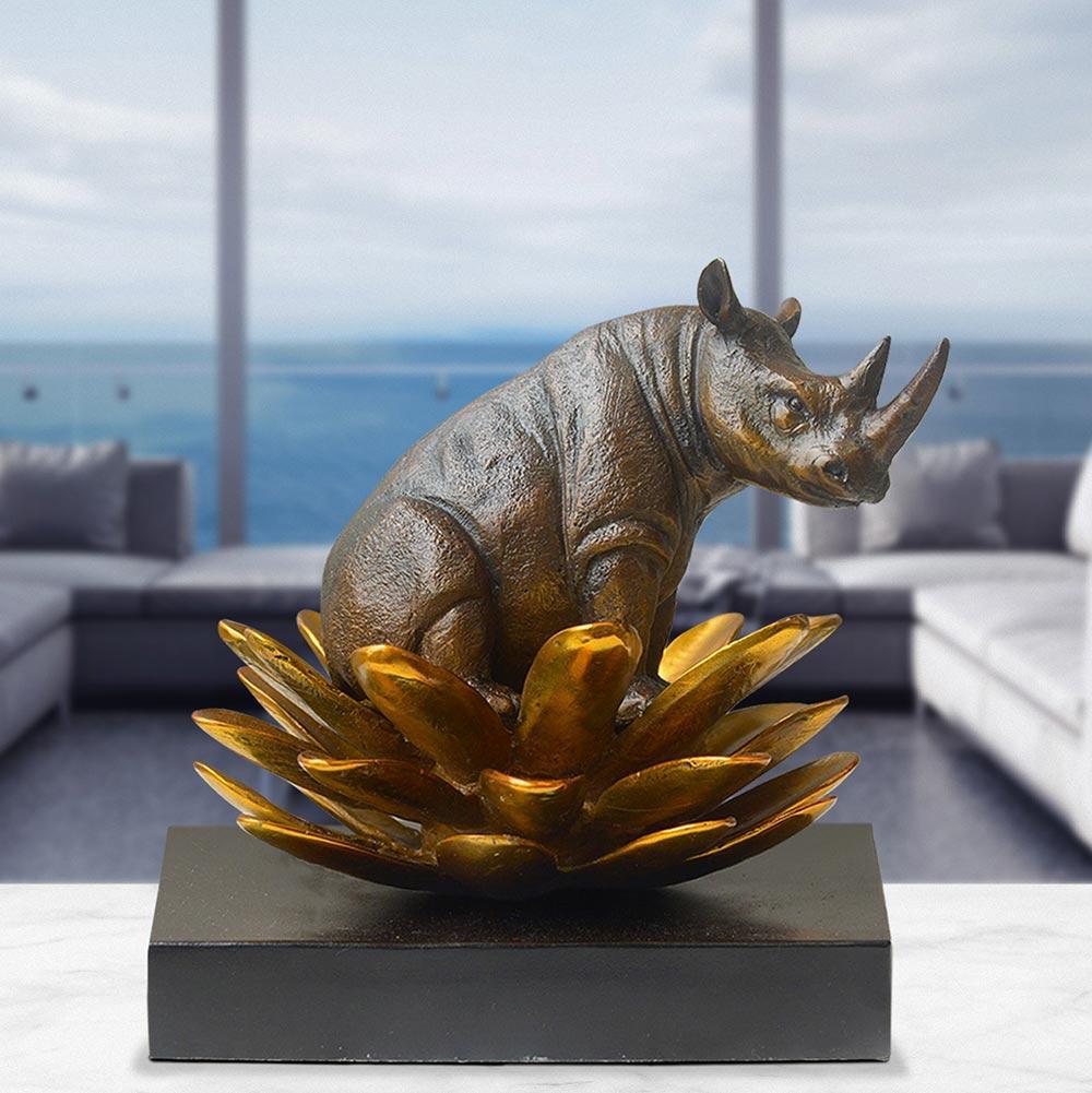 Authentic Bronze The rhino was in golden bloom sculpture by Gillie and Marc For Sale 1