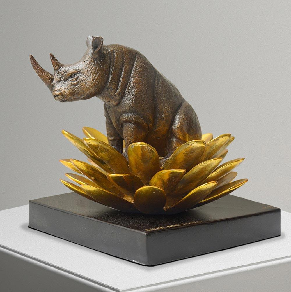 Authentic Bronze The rhino was in golden bloom sculpture by Gillie and Marc For Sale 2