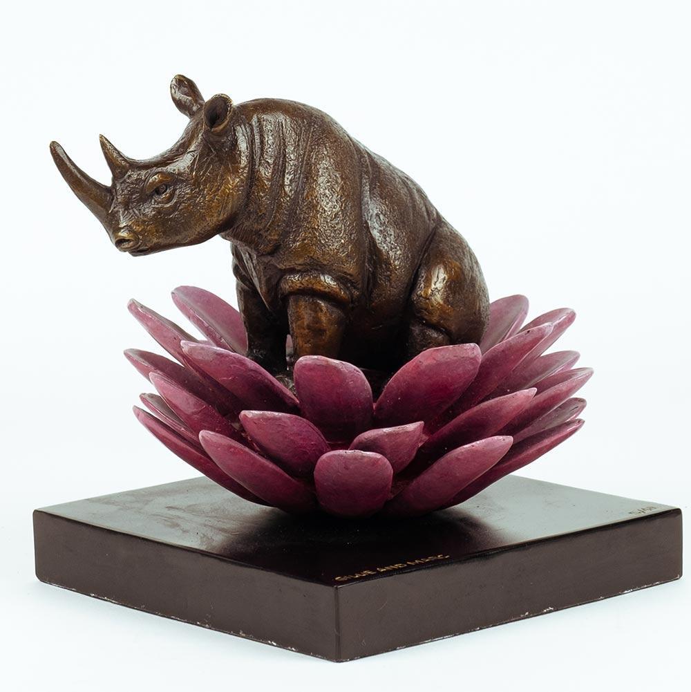 Authentic Bronze The rhino was in bloom with pink Patina by Gillie and Marc - Sculpture by Gillie and Marc Schattner
