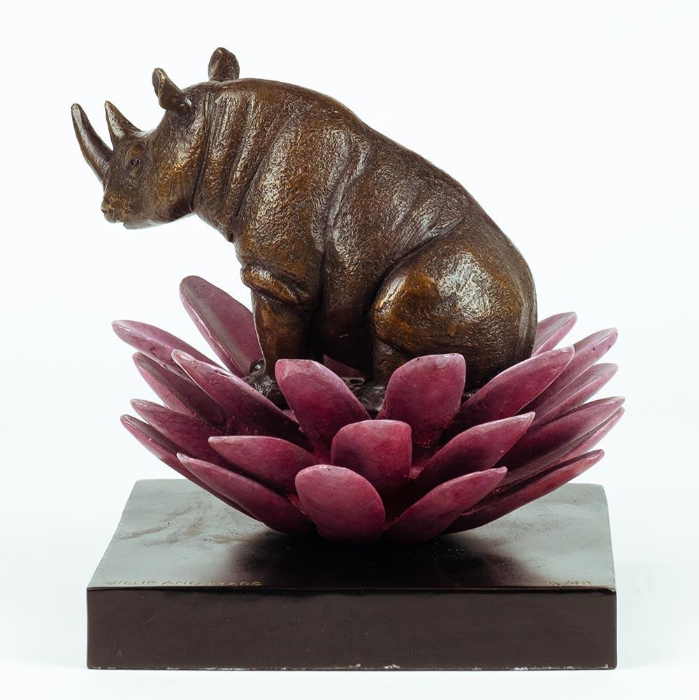 Authentic Bronze The rhino was in bloom with pink Patina by Gillie and Marc - Contemporary Sculpture by Gillie and Marc Schattner