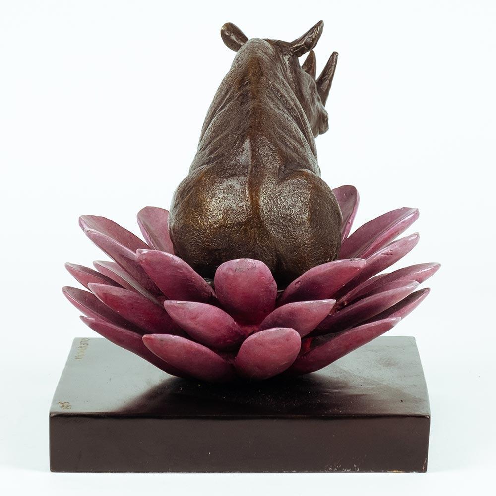 Authentic Bronze The rhino was in bloom with pink Patina by Gillie and Marc - Gold Figurative Sculpture by Gillie and Marc Schattner