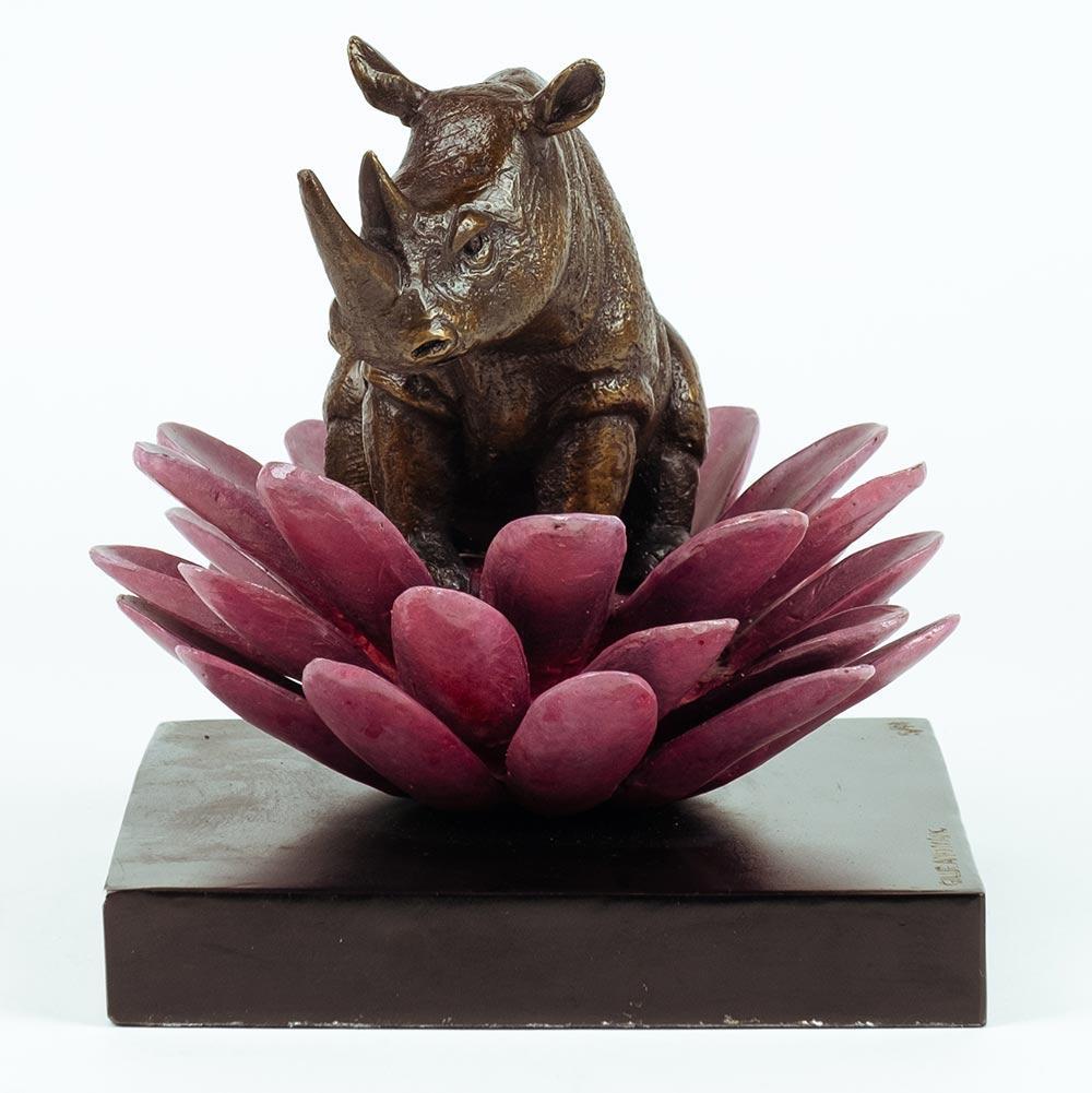 Authentic Bronze The rhino was in bloom with pink Patina by Gillie and Marc For Sale 1