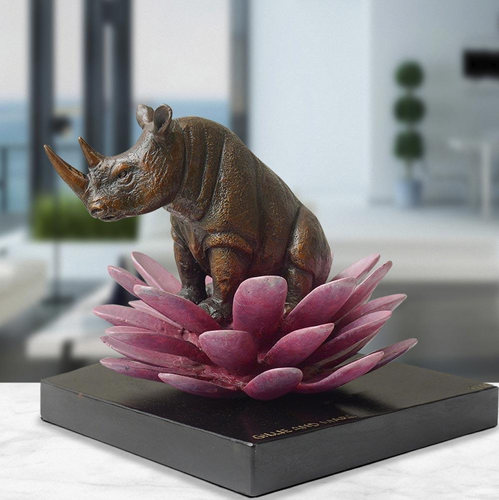 Gillie and Marc Schattner Figurative Sculpture - Authentic Bronze The rhino was in bloom with pink Patina by Gillie and Marc