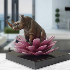 Bronze Sculpture - Art - Gillie and Marc - Pop Art - Love - Rhino - Pink Flower