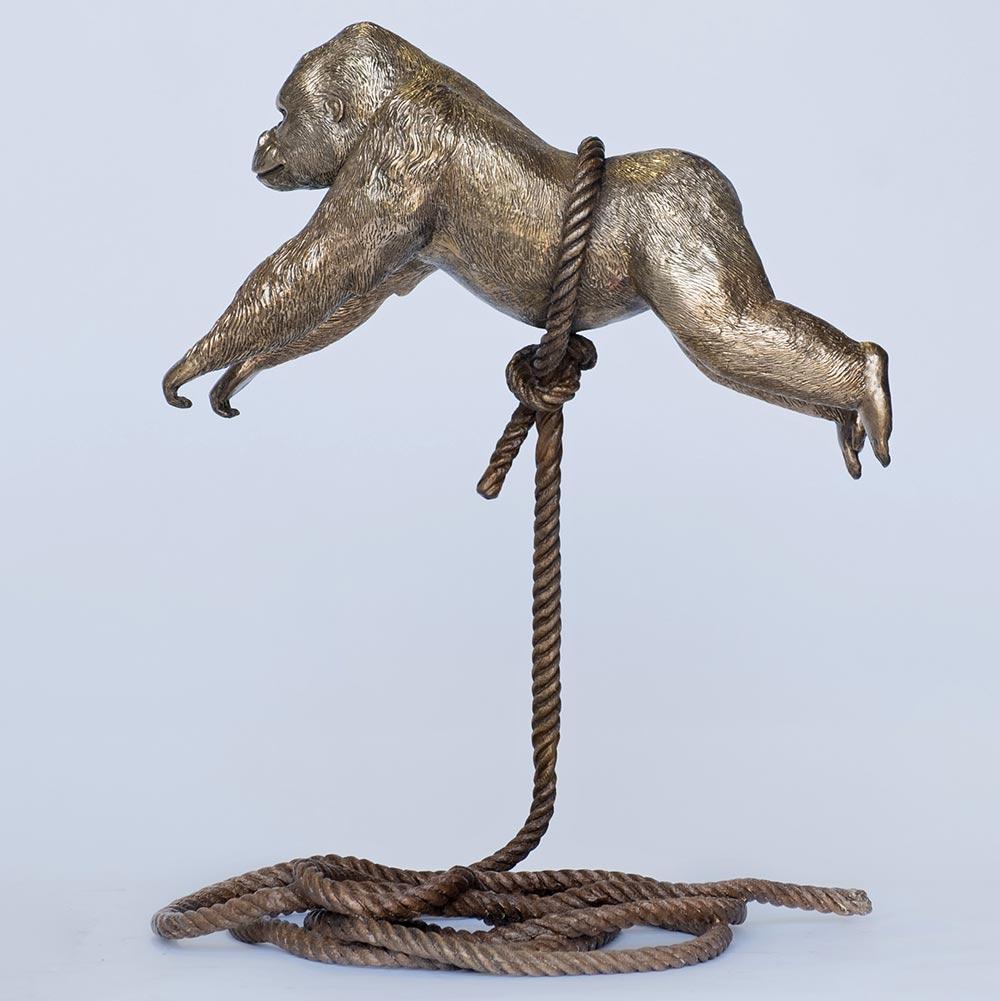 Bronze Animal Sculpture - Art - Gorilla on short rope - Gold - Bronze - Animals - Blue Figurative Sculpture by Gillie and Marc Schattner
