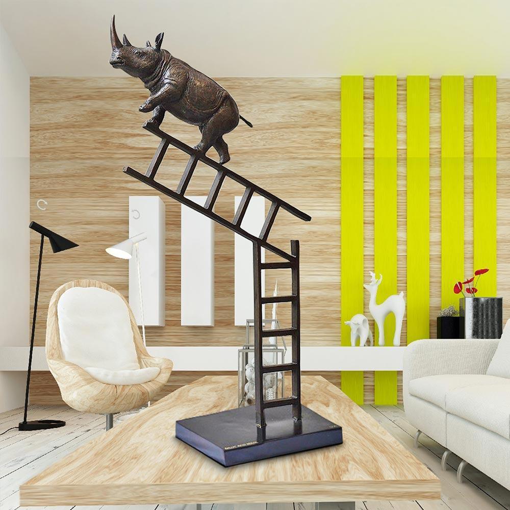 Animal Bronze Sculpture - Art - Limited Edition - Endangered - Rhino - Ladder For Sale 2