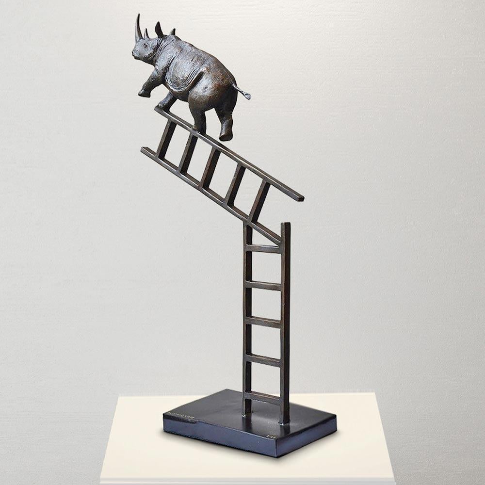 Animal Bronze Sculpture - Art - Limited Edition - Endangered - Rhino - Ladder For Sale 3