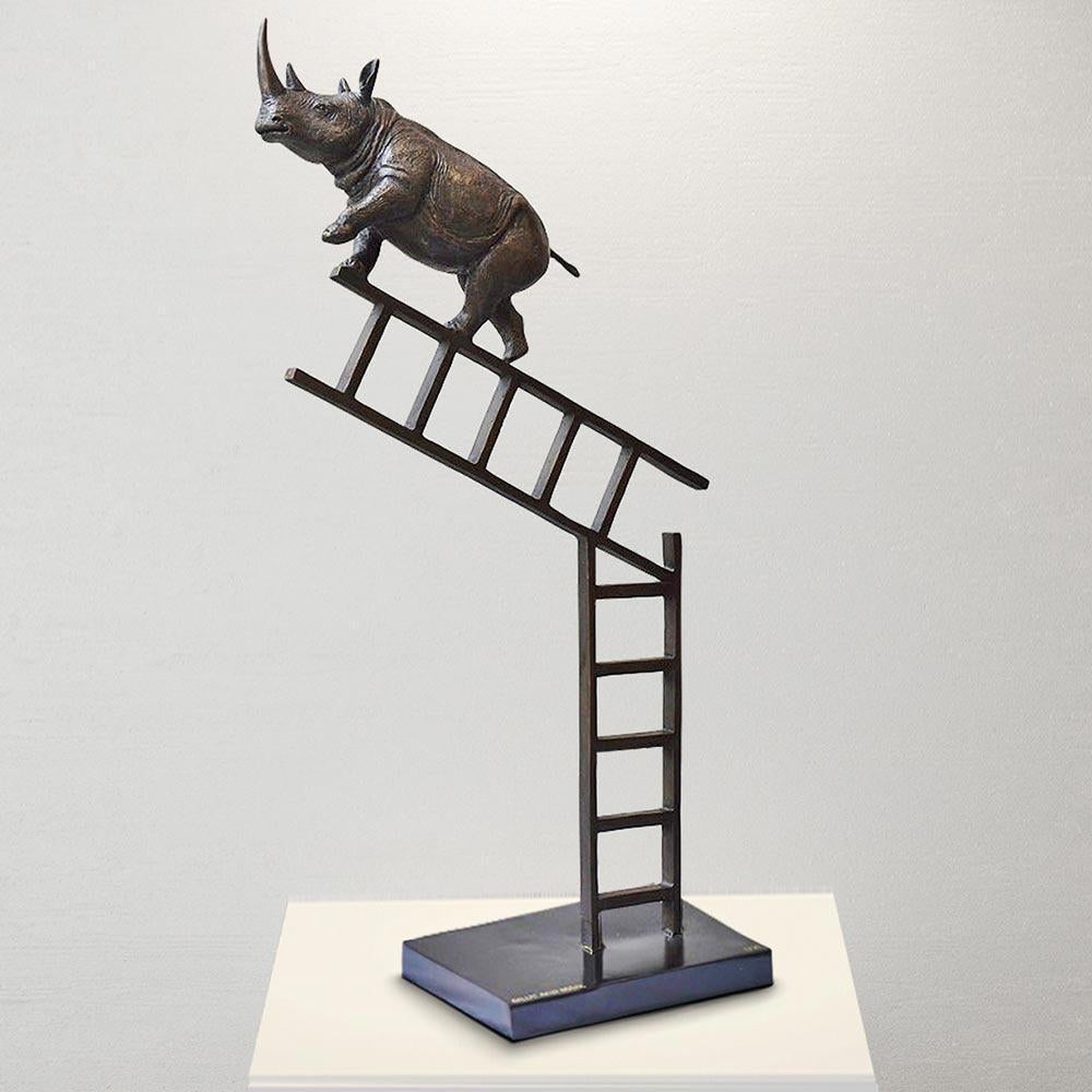 Animal Bronze Sculpture - Art - Limited Edition - Endangered - Rhino - Ladder For Sale 4