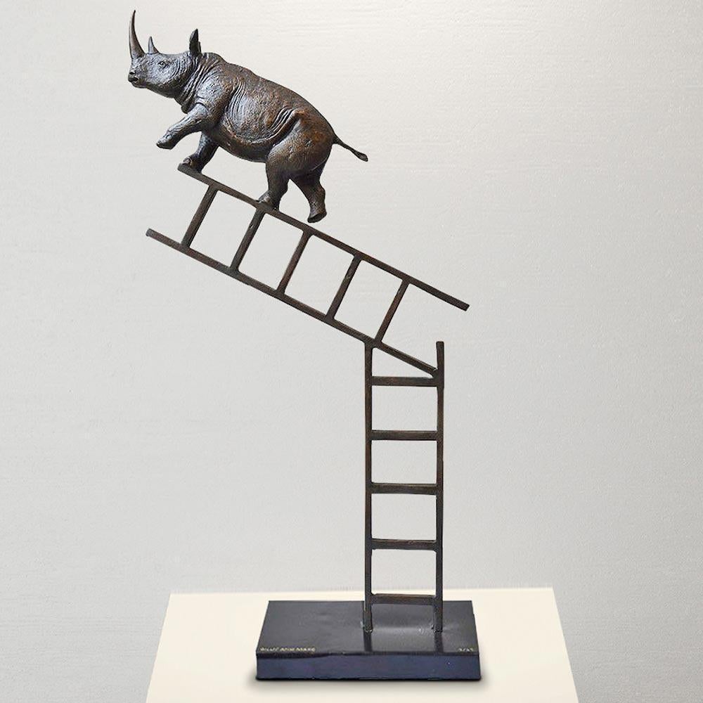Animal Bronze Sculpture - Art - Limited Edition - Endangered - Rhino - Ladder For Sale 5