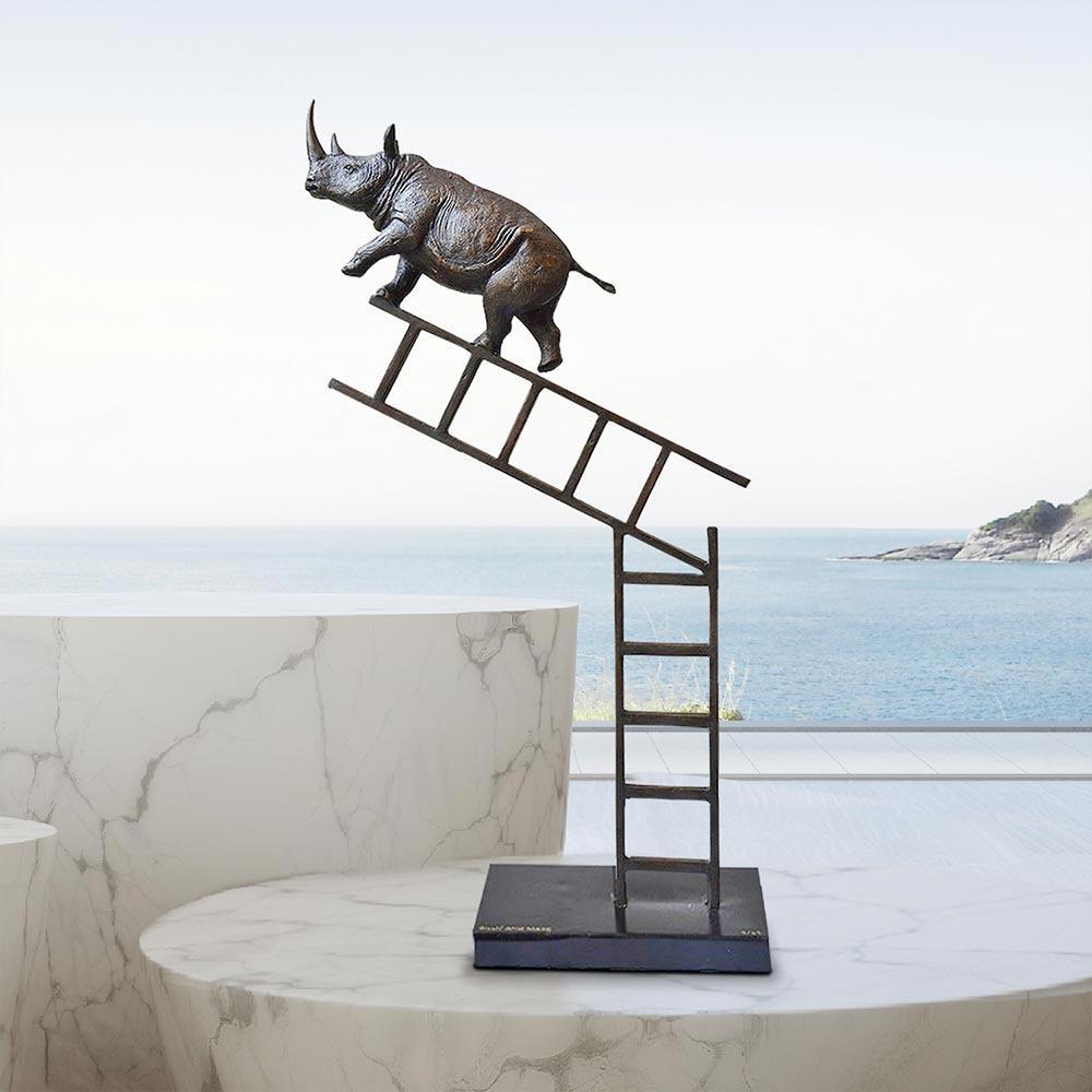 Bronze Sculpture - Art - Limited Edition - Endangered Animal - Rhino - Ladder
