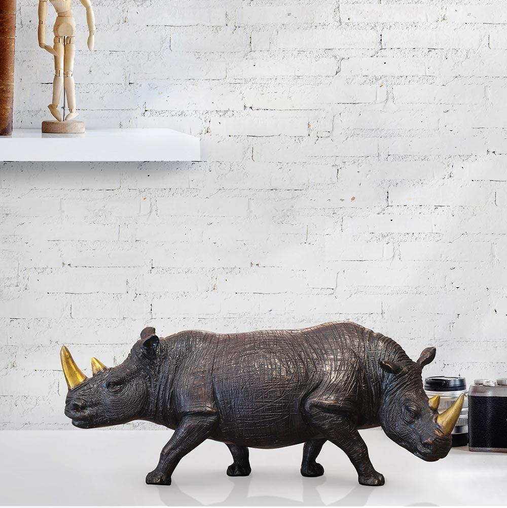 Bronze Animal Sculpture - Art - Rhino - Limited Edition - Last Two Gold Horns - Gray Figurative Sculpture by Gillie and Marc Schattner