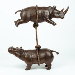 Bronze Animal Sculpture - Art - Rhino - Limited Edition - Rhino Hippo on Rope
