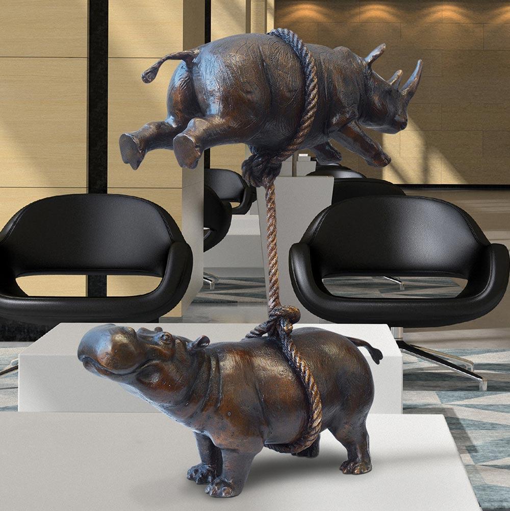 Bronze Animal Sculpture - Art - Rhino - Limited Edition - Rhino Hippo on Rope 3