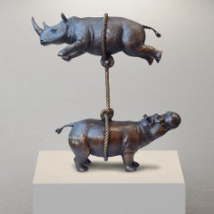 Bronze Sculpture - Art - Rhino - Limited Edition - Animals - Rhino Hippo on Rope