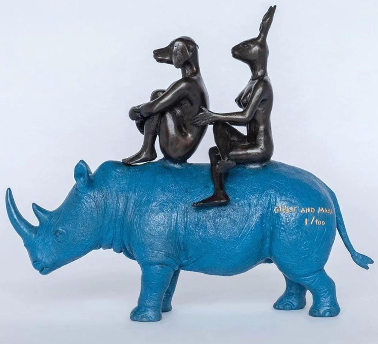 Title: They spent their lives saving rhinos 
Bronze Sculpture with blue patina, Miniature Collection

This authentic bronze sculpture titled 'They spent their lives saving rhinos' by artists Gillie and Marc has been meticulously crafted in bronze