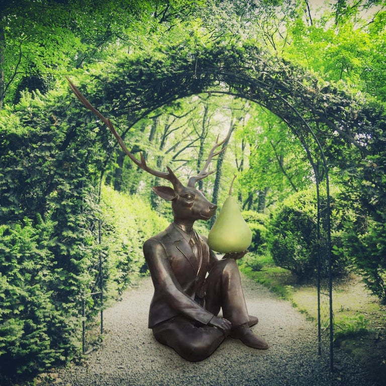 Bronze Sculpture - Limited Edition Art - Outdoor - Deer with Green Patina Pear For Sale 1