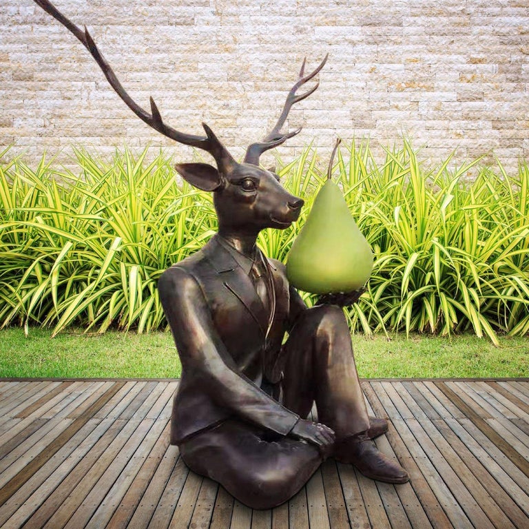 Bronze Sculpture - Limited Edition Art - Outdoor - Deer with Green Patina Pear For Sale 2