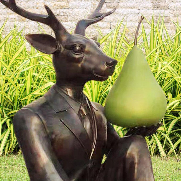 Bronze Sculpture - Limited Edition Art - Outdoor - Deer with Green Patina Pear For Sale 3