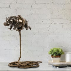 Bronze Animal Sculpture - Limited Edition - Flying Bronze Hippo on Rope - Art