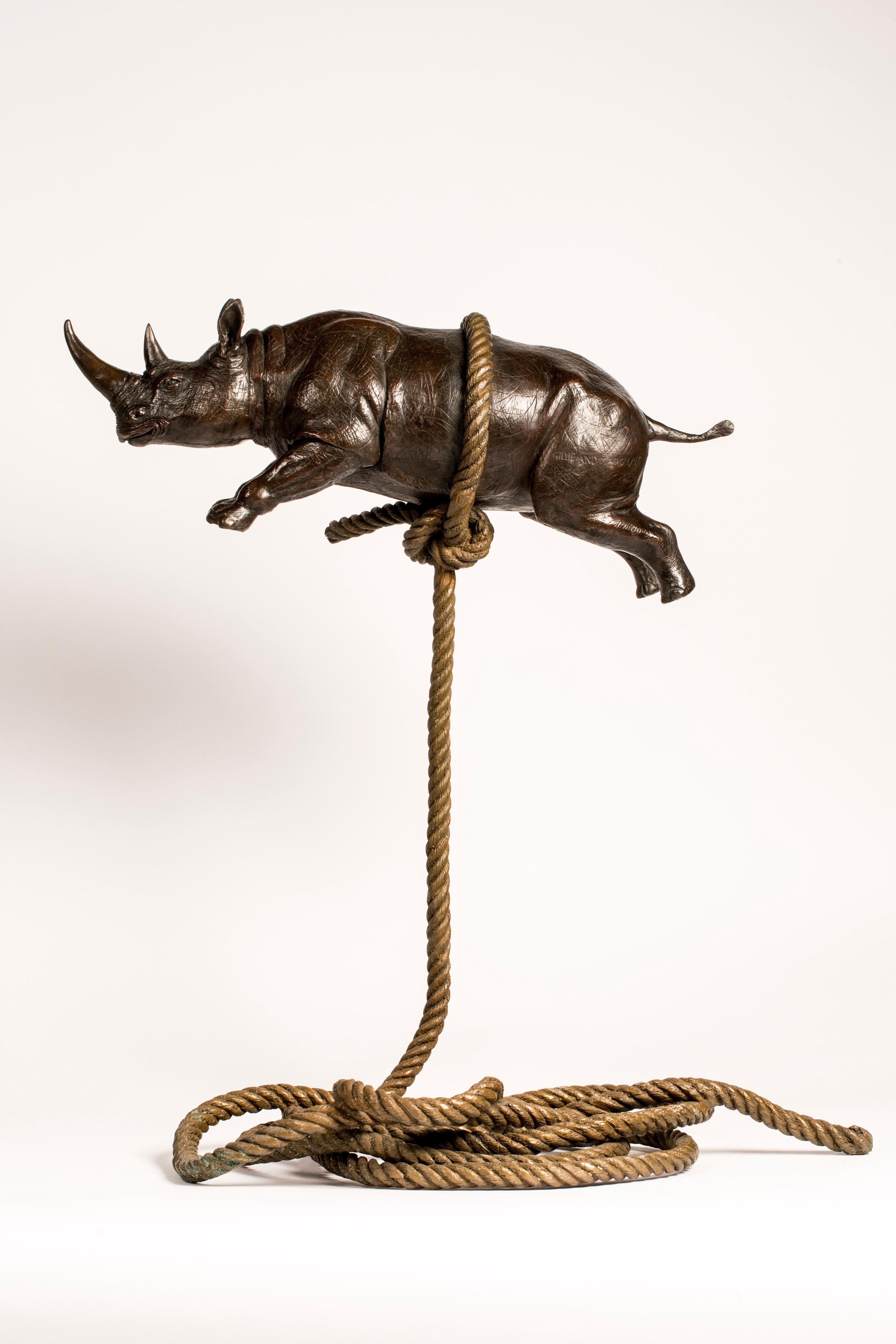 Bronze Sculpture - Limited Edition - Flying Bronze Rhino on Rope - Animal Art
