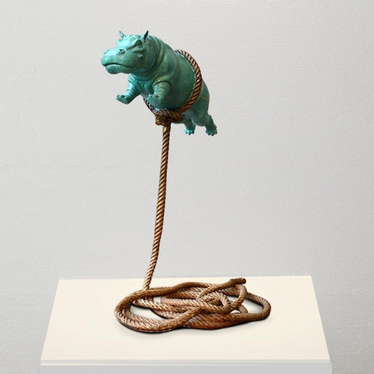 Bronze Sculpture - Limited Edition - Flying Green Hippo on Rope - Animal Art - Gold Figurative Sculpture by Gillie and Marc Schattner