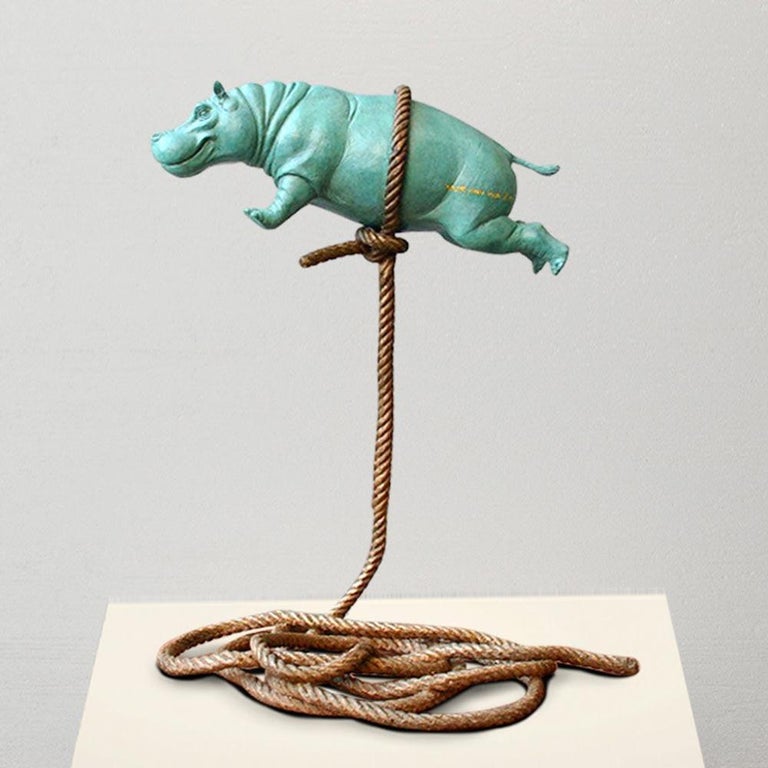 Gillie and Marc Schattner Figurative Sculpture - Bronze Sculpture - Limited Edition - Flying Green Hippo on Rope - Animal Art