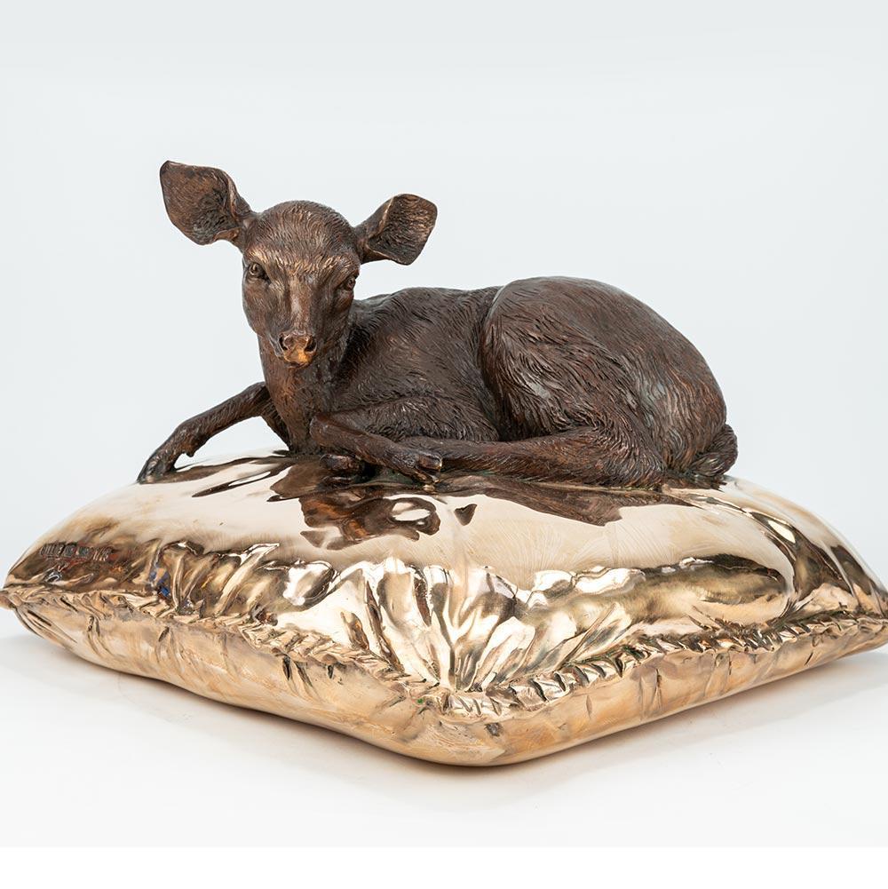 Authentic Limited Edition Bronze Deer Sleeping Sculpture by Gillie and Marc - Contemporary Mixed Media Art by Gillie and Marc Schattner