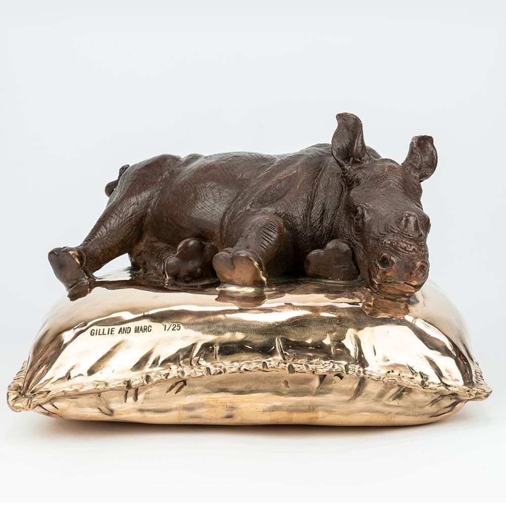 Authentic Bronze Sleeping Beauty Rhino Sculpture w/ Patina - Gillie and Marc For Sale 1