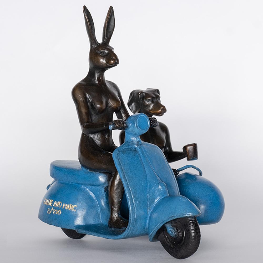 Bronze Animal Sculpture - Limited - Vespa Side Car Travel Art - Blue Patina - Gold Figurative Sculpture by Gillie and Marc Schattner