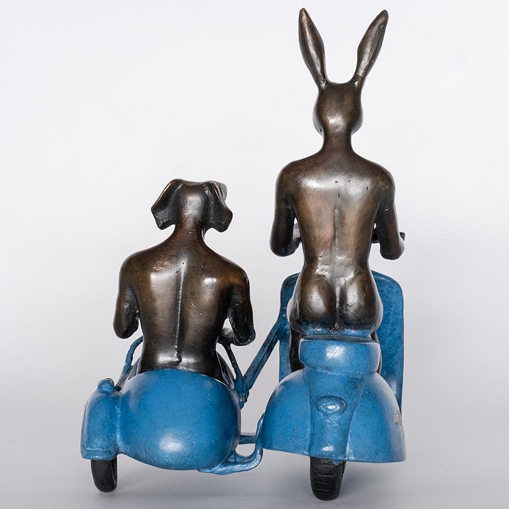 Bronze Animal Sculpture - Limited - Vespa Side Car Travel Art - Blue Patina For Sale 1
