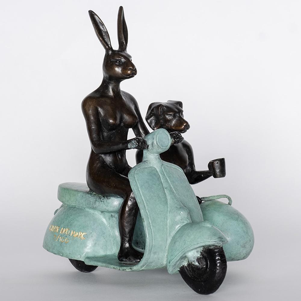 Bronze Animal Sculpture - Limited - Vespa Side Car Travel Art - Green Patina For Sale 1