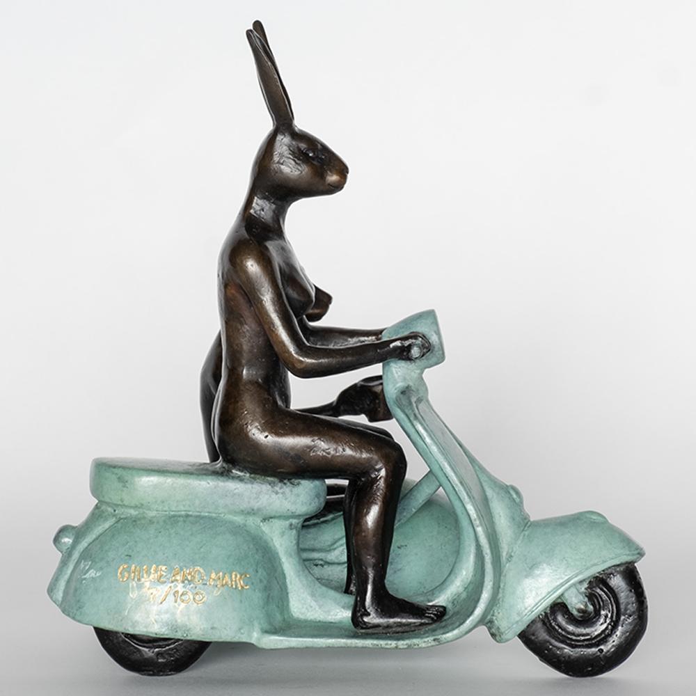 Bronze Animal Sculpture - Limited - Vespa Side Car Travel Art - Green Patina For Sale 2