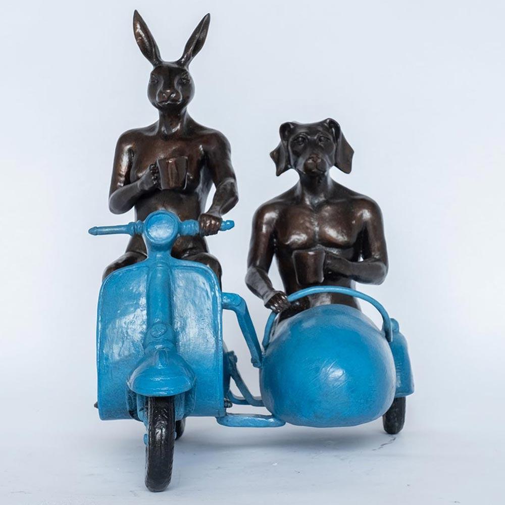 Bronze Animal Sculpture - Limited - Vespa Travel Adventure Art - Blue Patina - Gold Figurative Sculpture by Gillie and Marc Schattner