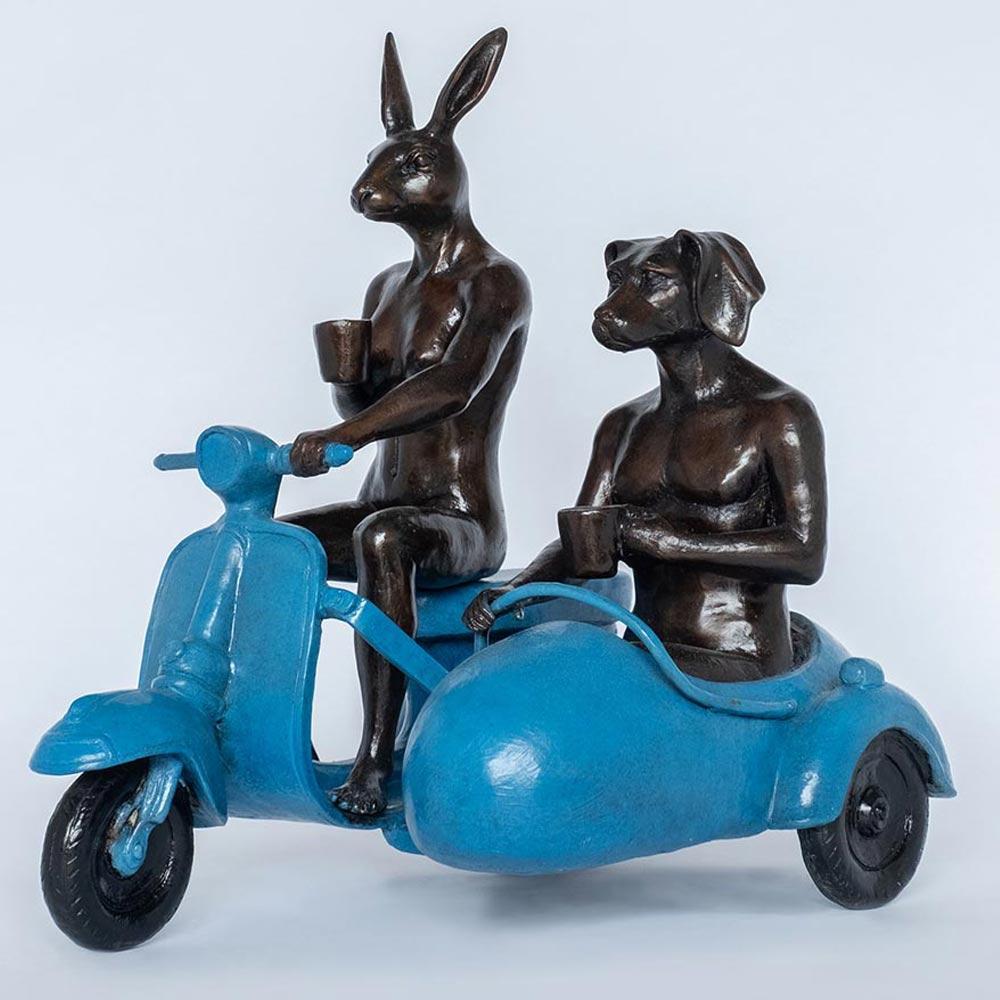 Gillie and Marc Schattner Figurative Sculpture - Bronze Animal Sculpture - Limited - Vespa Travel Adventure Art - Blue Patina