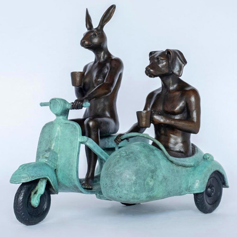 Gillie and Marc Schattner Figurative Sculpture - Bronze Animal Sculpture - Limited - Vespa Travel Adventure Art - Green Patina