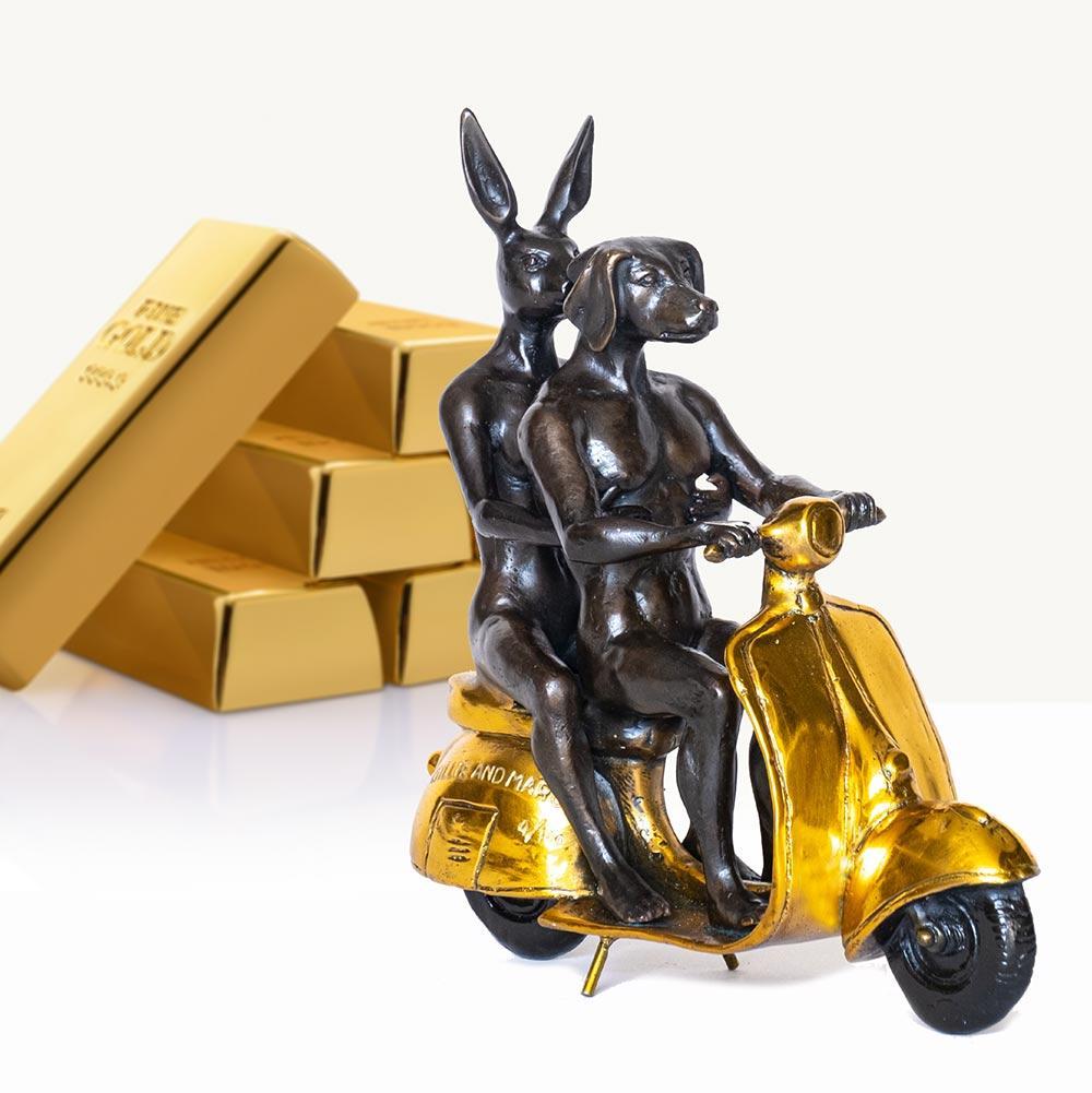 Title: They were the authentic vespa riders in Rome (Miniature Collection)
Authentic bronze sculpture with gold patina
Limited Edition

World Famous Contemporary Artists: Husband and wife team, Gillie and Marc, are New York and Sydney-based