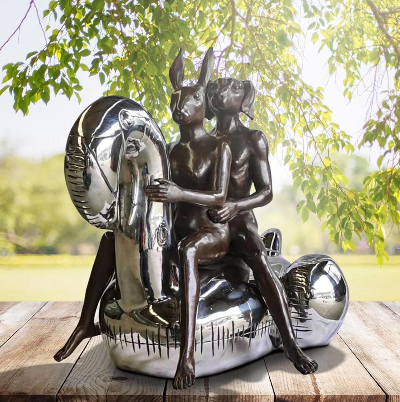 Title: Flamingoes would keep afloat in the wildest seas 
Bronze Sculpture and Stainless Steel

Description:
This authentic bronze sculpture titled 'Flamingoes would keep afloat in the wildest seas ' by artists Gillie and Marc has been meticulously