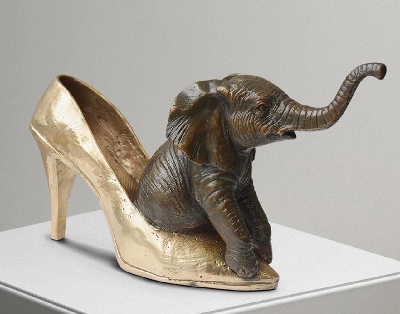 Authentic Bronze Walk With The Elephant with Gold Patina by Gillie and Marc - Contemporary Sculpture by Gillie and Marc Schattner