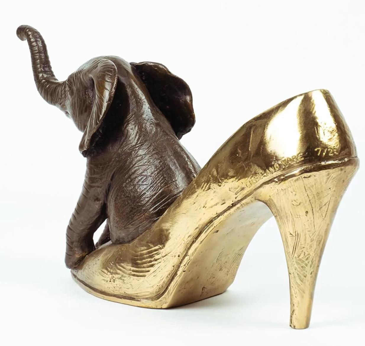 Authentic Bronze Walk With The Elephant with Gold Patina by Gillie and Marc For Sale 1