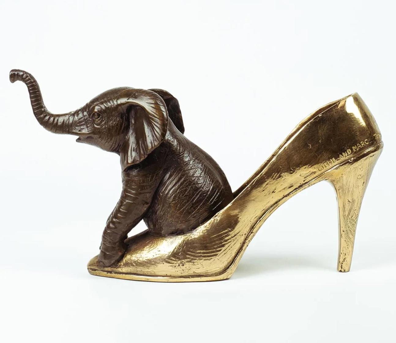 Authentic Bronze Walk With The Elephant with Gold Patina by Gillie and Marc For Sale 4