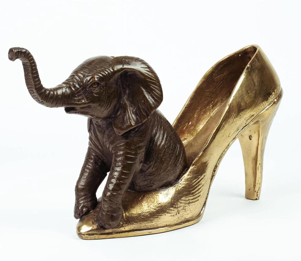 Authentic Bronze Walk With The Elephant with Gold Patina by Gillie and Marc - Sculpture by Gillie and Marc Schattner