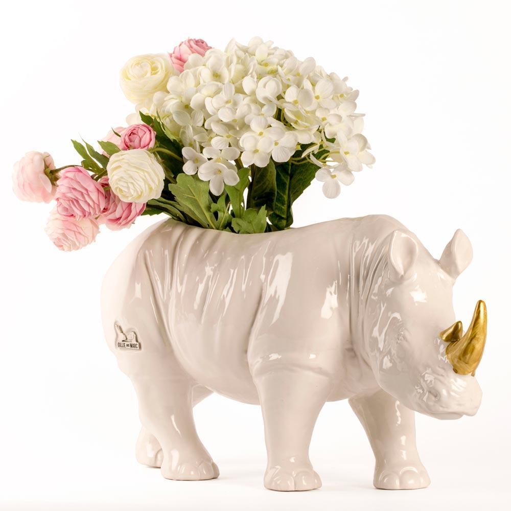 Ceramic Animal Sculpture - Gillie and Marc - Rhino - Wildlife - White - Gold For Sale 1