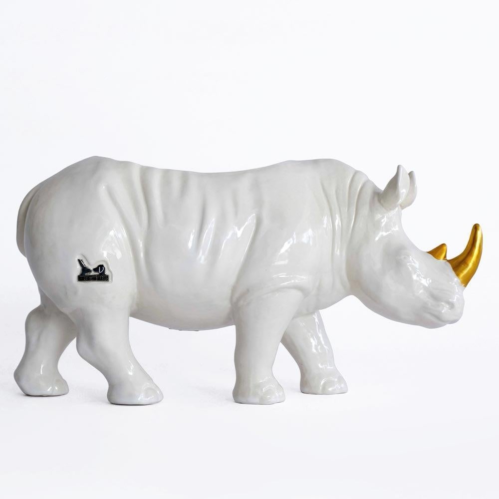 Ceramic Animal Sculpture - Gillie and Marc - Rhino - Wildlife - White - Gold For Sale 2