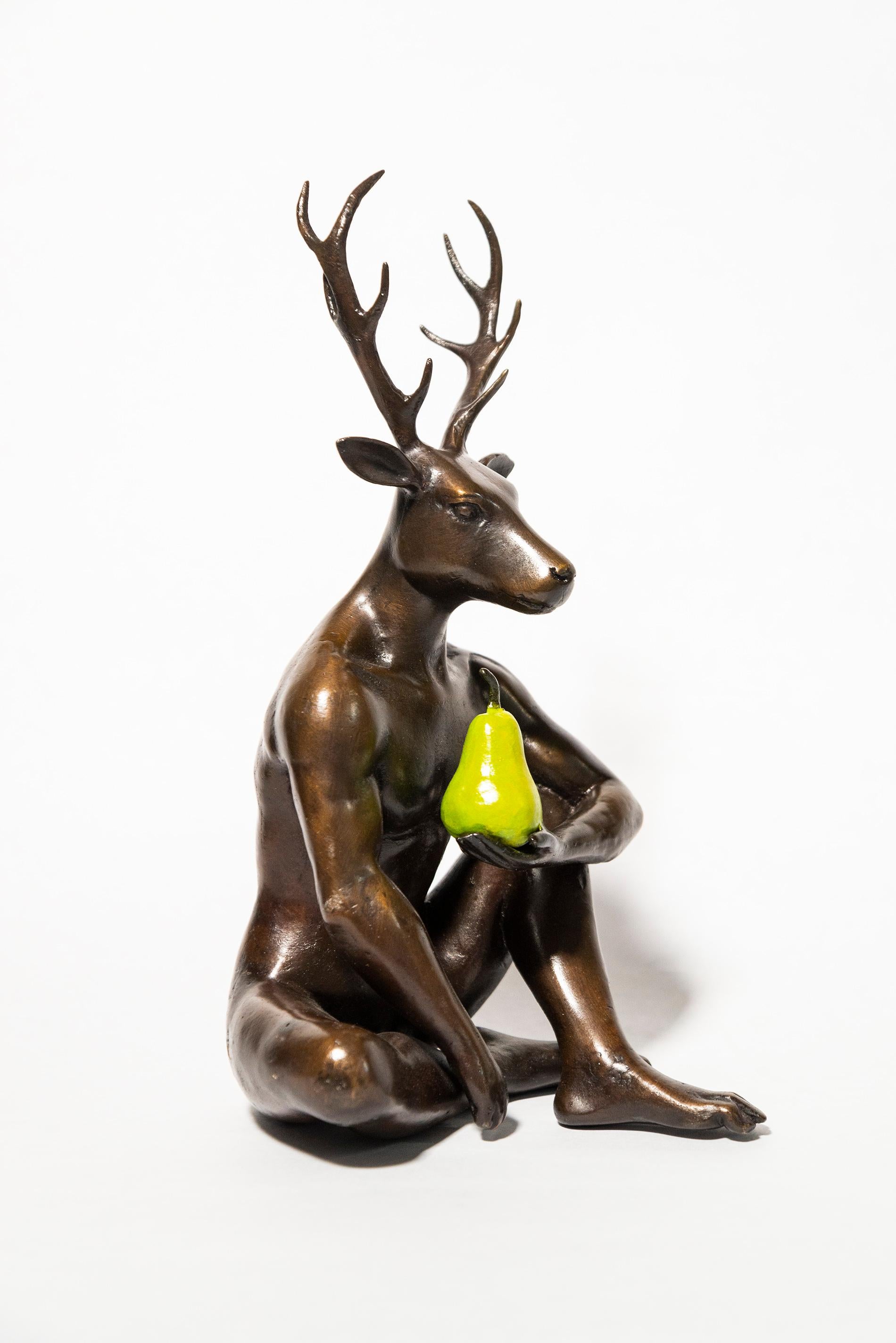Deerman grew a pear 19/25 - figurative, playful, contemporary, bronze sculpture - Sculpture by Gillie and Marc Schattner