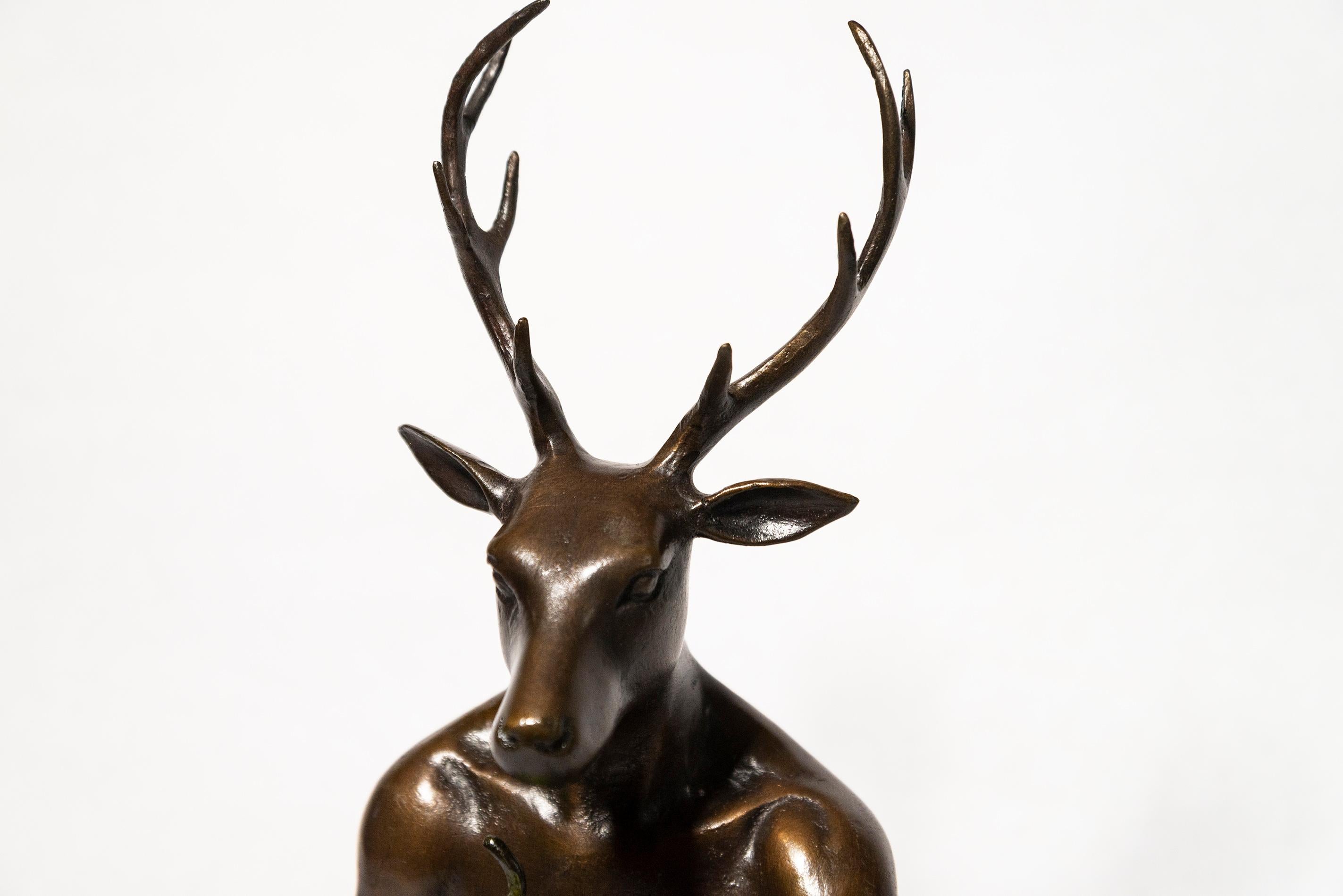 Deerman grew a pear 19/25 - figurative, playful, contemporary, bronze sculpture 1