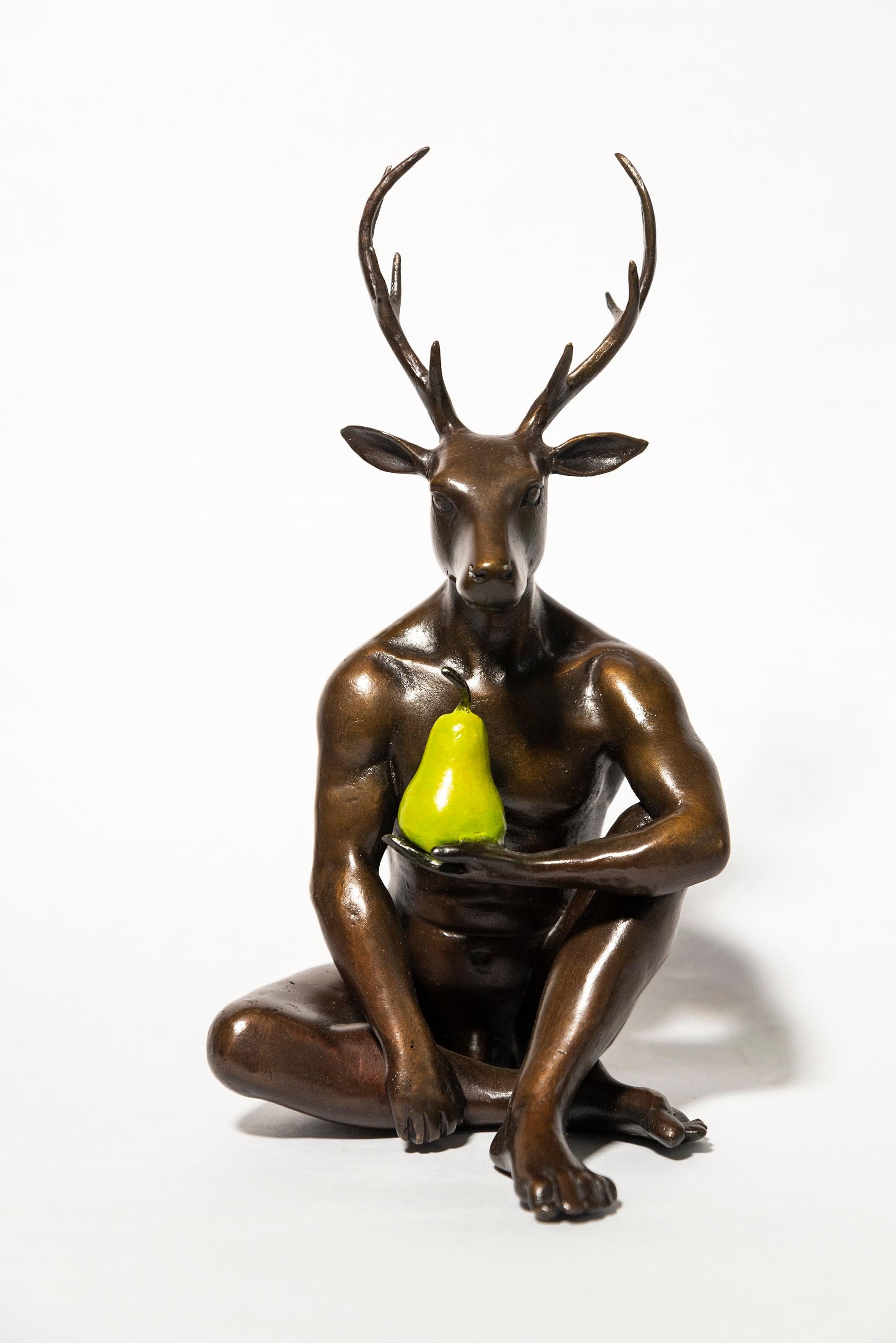 Gillie and Marc Schattner Figurative Sculpture - Deerman grew a pear 19/25 - figurative, playful, contemporary, bronze sculpture